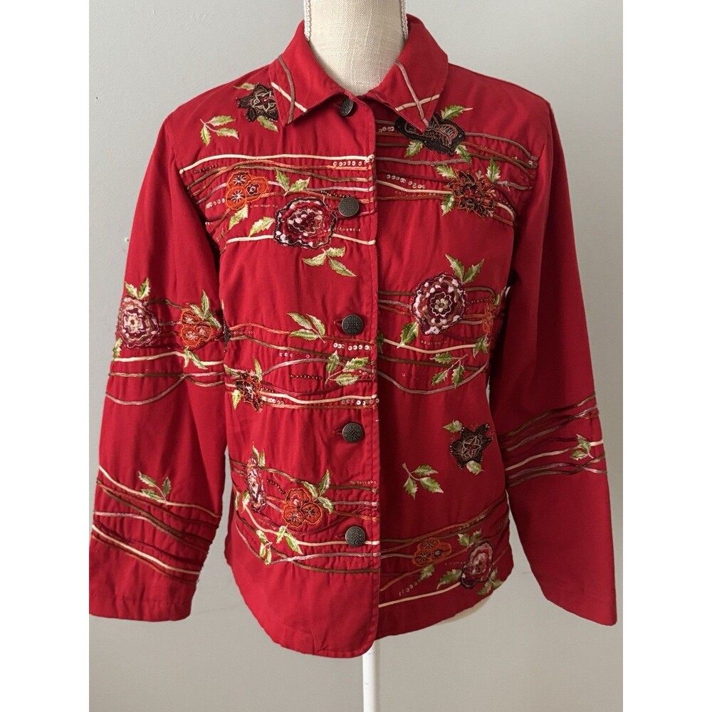 Cold Creek Women's Vibrant Red Embroidered Cotton Jacket Sz XS Art to Wear